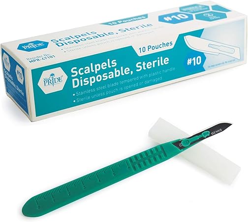MED PRIDE 10-Pack Disposable Surgical Scalpel (10) Knives, Sterile Stainless Steel Blades, Plastic Handles, Individually Wrapped, for Dermaplaning, Podiatry, Crafts