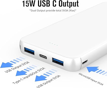 VANYUST Portable Charger, 10000mAh 5V3A Power Bank, USB-C inOut Fast Charging Battery Pack, External Powerbank Compatible with iPhone 16 15 14 13 12 Samsung S22 S21 Google iPad etc (White)