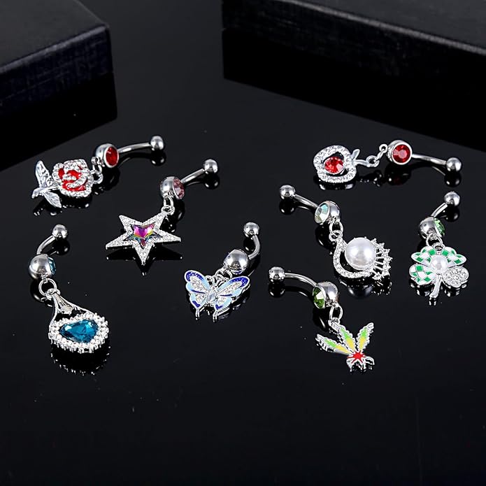 12Pcs-18Pcs Belly Button Ring 14G Dangling Dangle Belly Button Rings Navel Rings Piercing Jewelry for Women