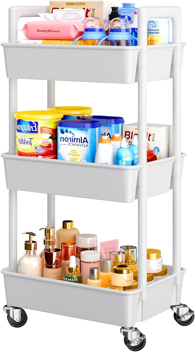 Pipishell 3 Tier Rolling Cart Organizer, Plastic Rolling Cart with Lockable Wheels Reinforced Handle, Lightweight Utility Cart Storage Cart for Nursery, Kitchen, Bathroom, Craft Room, White, PIUC14W
