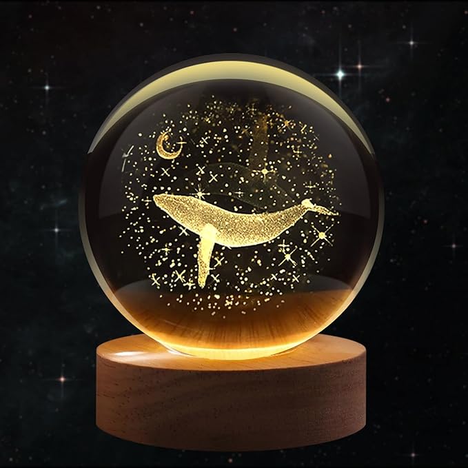 Flexzion 3D Whale Crystal Ball Night Light - LED Light Hologram Glass Lamp with Solid Wood Base, USB Powered Crystal Ball Lamp with Adjustable Brightness for Home Decor Display Gift, 2.4inch(60mm)