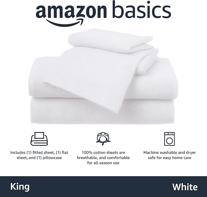 Basics 4 Piece Bed Sheet Set, 100 Cotton Jersey, Includes Super Soft, Flat and Fitted Sheets, Pillowcase, King, White, Solid
