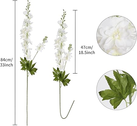 6PCS White Artificial Delphinium Flowers 33" Long Stems White Flowers Larkspur Silk Flowers for Tall Vase White Fake Flowers for Wedding Centerpieces for Home Decor Indoor (White)