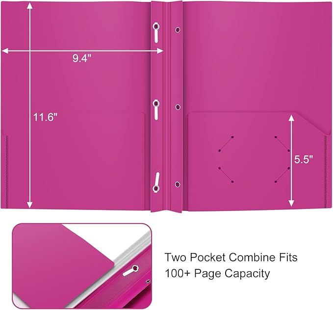 ViVin Sturdy Plastic Folders with Pockets and Prongs,12-Pack, 3-Prong Fasteners Folders with 2 Pockets, Holds US Letter Size Paper, for SchoolOfficeHome (Purple)
