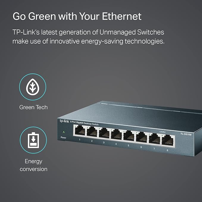 TP-Link TL-SG108 8 Port Gigabit Unmanaged Ethernet Network Switch, Ethernet Splitter Plug & Play Fanless Metal Design Shielded Ports Traffic Optimization
