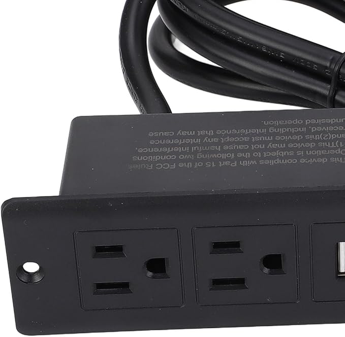 Recessed Power Strip Desktop 2 AC Outlets 2 USB Ports Embedded Design for Furniture Space Saving 1.5m Cord US Plug 125V for Furniture Installation (Black)