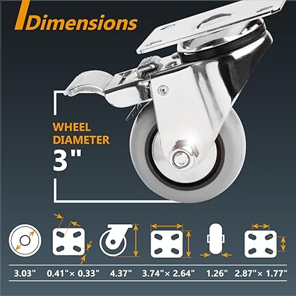 POWERTEC 3 Inch Swivel Caster Wheels Set of 4 with Brake 880 lbs Loads, Heavy Duty Plate Casters, Dual Locking PU Castor Wheels for Furniture, Cart, Dolly and Workbenches (17208V)