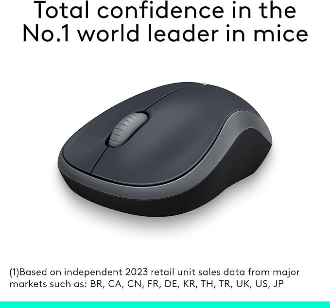 Logitech M185 Wireless Mouse, 2.4GHz with USB Mini Receiver, 12-Month Battery Life, 1000 DPI Optical Tracking, Ambidextrous PCMacLaptop - Swift Grey