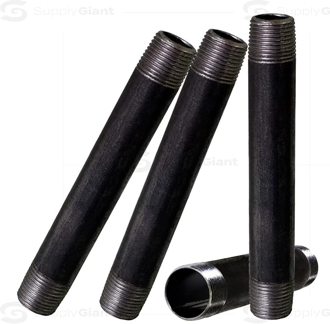 SupplyGiant 3/4 x 8 Inch Steel Black Pipe (4-Pack), Heavy Duty Industrial Malleable Steel Pipes, 3/4" x 8" Pre Cut Threaded Nipple Connector For All DIY Furniture And Black Pipe Shelving