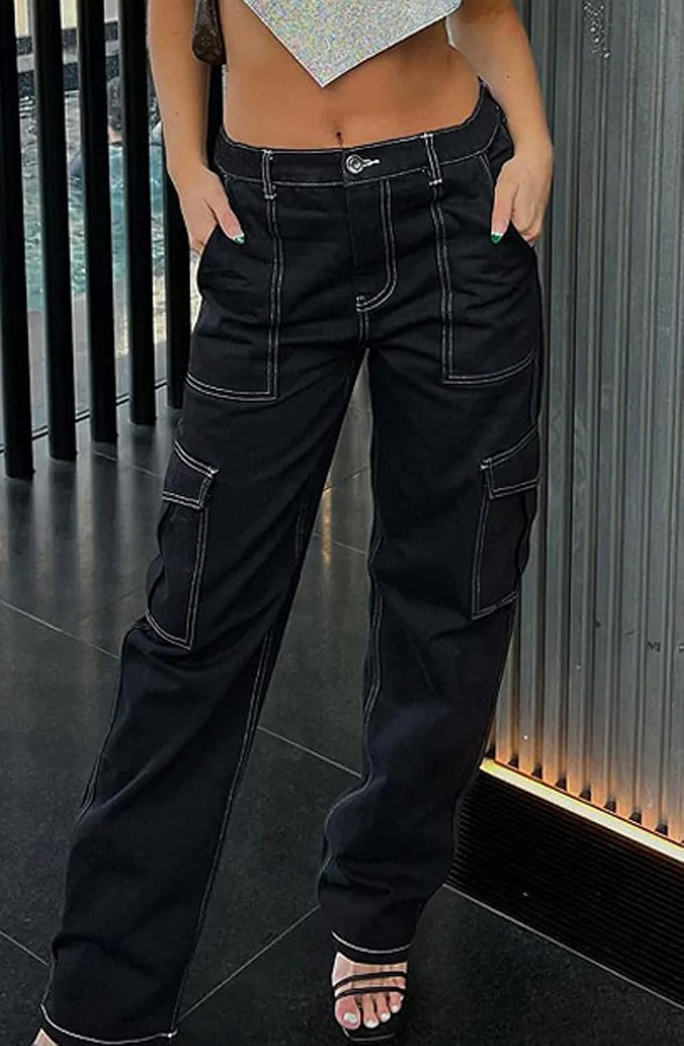 CHARTOU Women's Y2k Style Mid-Rise Wide Leg Straight Boyfriend Cargo Denim Jeans Pants