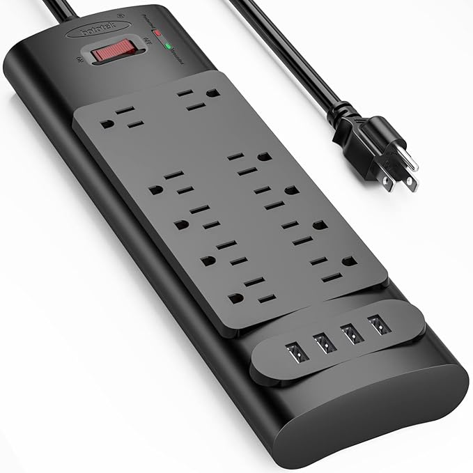 Power Strip, Bototek 6ft Surge Protector with 10 AC Outlets and 4 USB Ports,1875W/15A, 2100 Joules, 6 Feet Long Extension Cord for Home, Office, Dorm Essentials, 2100 Joules