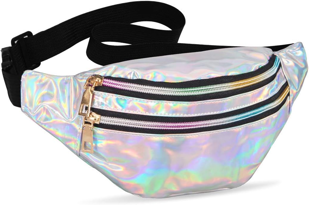 LIVACASA Holographic Fanny Packs for Women Cute Waist Packs Shiny Waist Bum Bag Waterproof for Travel Party Festival Running Hiking All Silver 50+ bought in past month