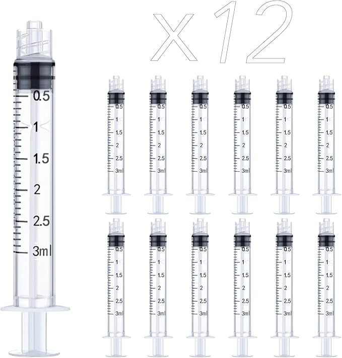 12 Pack 3ml Plastic Luer Lock Syringe, Measuring Syringe Individually Sealed for Scientific Labs, Measuring Liquids, Feeding Pets, Oil or Glue Applicator (3ml, 12)
