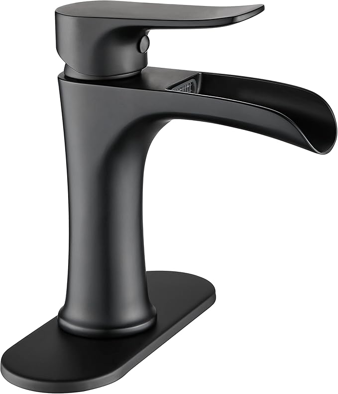Yundoom Matte Black Bathroom Faucet,Bathroom Sink Faucet,Waterfall Bathroom Faucet,Single Hole Or 3 Hole Bathroom Faucet with 4 Inch Deck Plate,Farmhouse Rv Brass Bathroom Faucet,BF02.