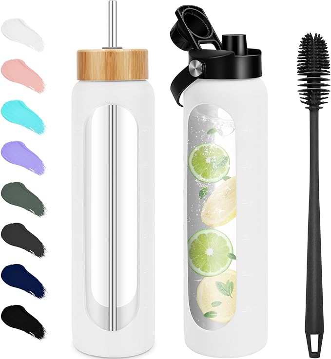 32 oz Glass Water Bottles - 1 Liter Motivational Tumbler Water Bottle Time Marker - Borosilicate Glass Water Bottle With Silicone Sleeve and 2 Lids, Handle Spout Bamboo Straw Lid