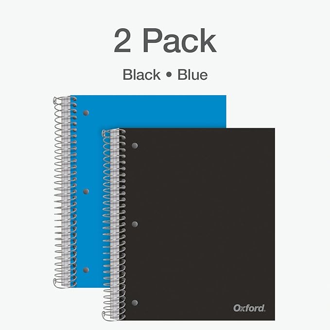Oxford 3 Subject Spiral Notebook, Notebooks for School, Plastic Covers, Back to School Supplies, College Ruled, 150 Sheets, 2 Pack, Black and Blue (1009293)