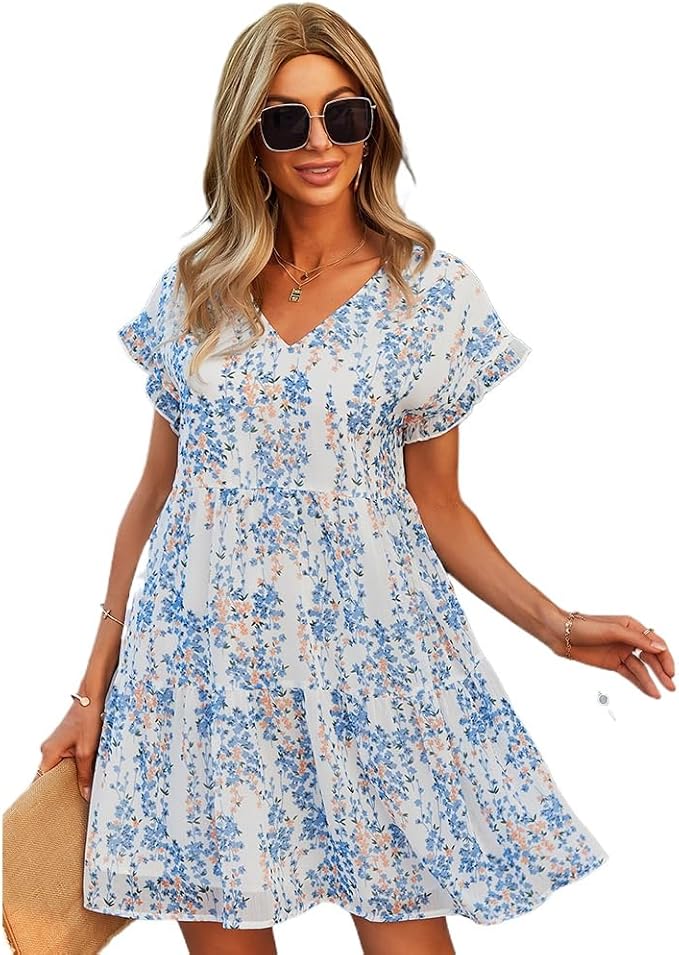 Alafime Women' s Cutecore Floral Print Dresses Y2k Casual Short Sleeve Dress Summer Loose Flowy Streetweras Trendy Clothes