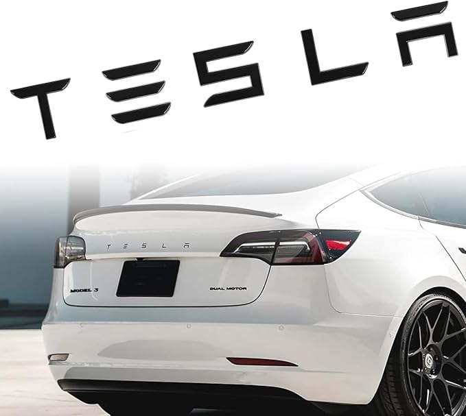 Metal Tesla Letters Emblem Trunk Logo Decal Tailgate Rear 3m Adhesive Compatible with Tesla Model 3 Y Highland Juniper Chrome Matte Black Red Glossy Black (Glossy Black)