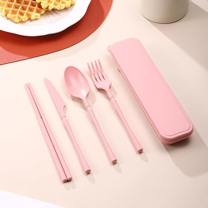 Reusable Travel Utensils Set with Case, Wheat Straw Portable Plastic Fork Spoon Knife Chopsticks Camping Cutlery, Eco-Friendly BPA Free Tableware Picnic Flatware for Kids Adults or Daily Use (Pink)