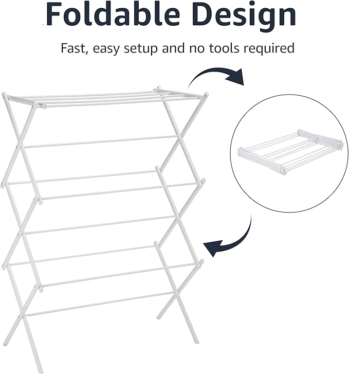 Basics Foldable Portable Laundry Rack for Air Drying Clothing, Indoor Outdoor Use - 14.5" D x 29.5" W x 41.8" H, White