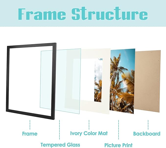 Frametory, 11x14 Picture Frame with Mat for 8x10 Photo - High Definition Glass Wide Molding - Preinstalled Wall Mounting Hardware (Black, 1 Pack)