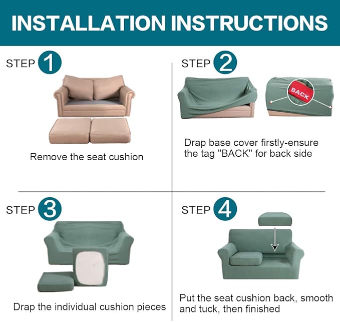 Turquoize 3 Piece Sofa Covers for 2 Cushion Couch Sofa Slipcover Soft Couch Cover for Dogs-Washable Sofa Furniture Covers with 2 Individual Cushion Covers, Jacquard Fabric (Loveseat, Dark Cyan)