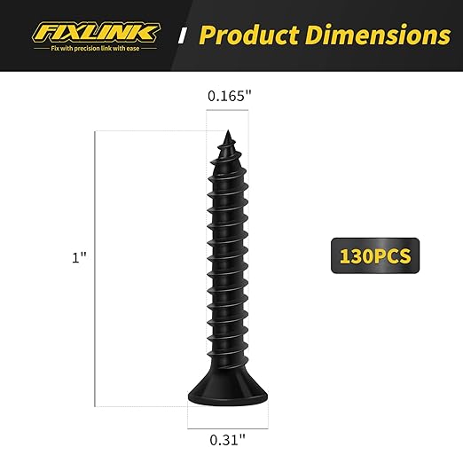 Wood Screws 1 Inch, 130 PCS FIXLINK Premium Flat Head Phillips Black Wood Screws, Self Tapping Electrophoresis Used in Indoor Furniture, Woodworking (8 x 1)