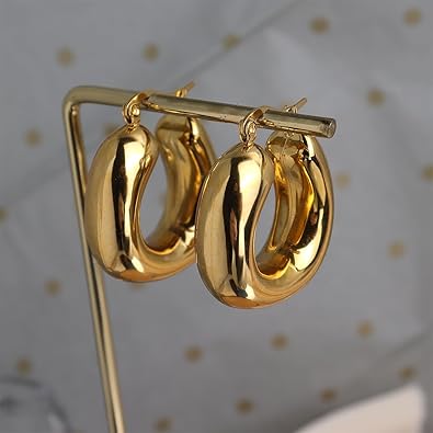 JeanBeau Gold Plated Chunky Hoop Earrings for Women, Trendy Statement Thick Hollow Lightweight Huggie Hypoallergenic Earing Jewelry Gift