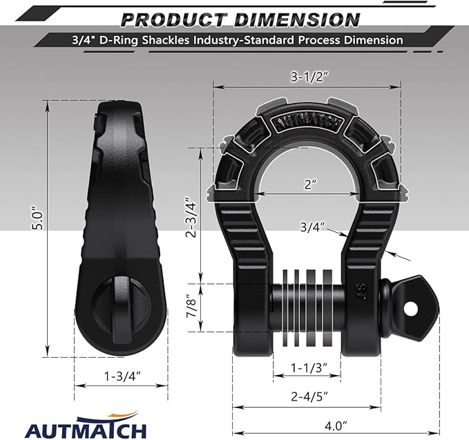 AUTMATCH D Ring Shackles 34" Mega Shackle (2 Pack) 68,000Ibs Break Strength - Clevis Shackle 78" Screw Pin, D Shackle IsolatorWasher Kit for Tow Strap Winch Off Road Vehicle Recovery, Frosted Black