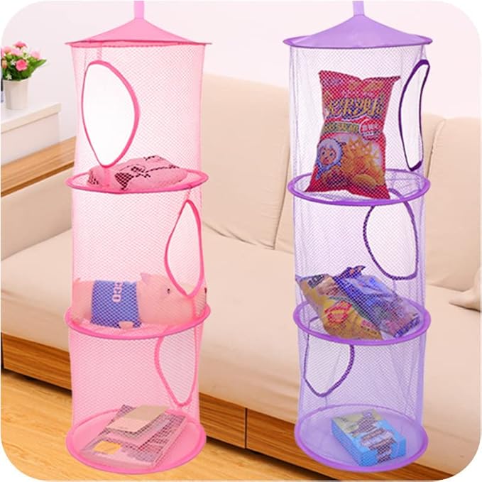 Mesh Hanging Storage Basket With 3 Compartments Foldable Hanging Storage Organizer Net Bag for Toys Storage, Space Saver Sundries Clothes Bra Underwear Socks Drying Basket Laundry Hamper (Pink)