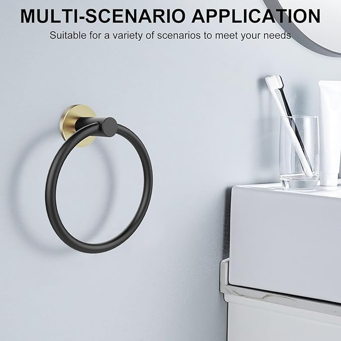 SetSail Towel Holder for Bathroom Wall 2 Packs Towel Ring 304 Stainless Steel Heavy Duty Hand Towel Hanger for Bathroom, Black and Gold