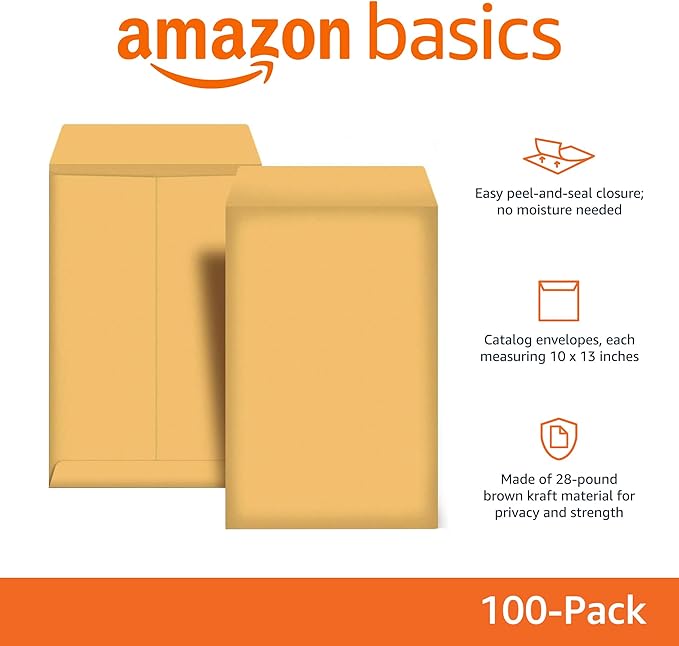 Basics Catalog Mailing Envelopes, Peel and Seal, 10x13 Inch, Brown Kraft, 100-Pack