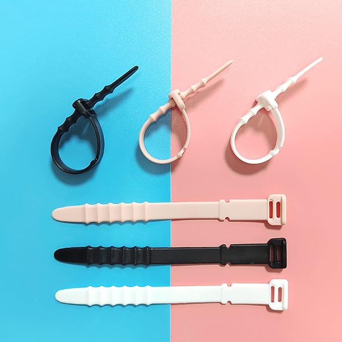 Silicone Zip Ties, Reusable Zip Ties, 20pcs Rubber Cable Ties Straps for Wire Management, Elastic Cable Organizer for Home Office Table Desk. 4.5 Cord Ties in White, Black, Pink, Purple and Blue