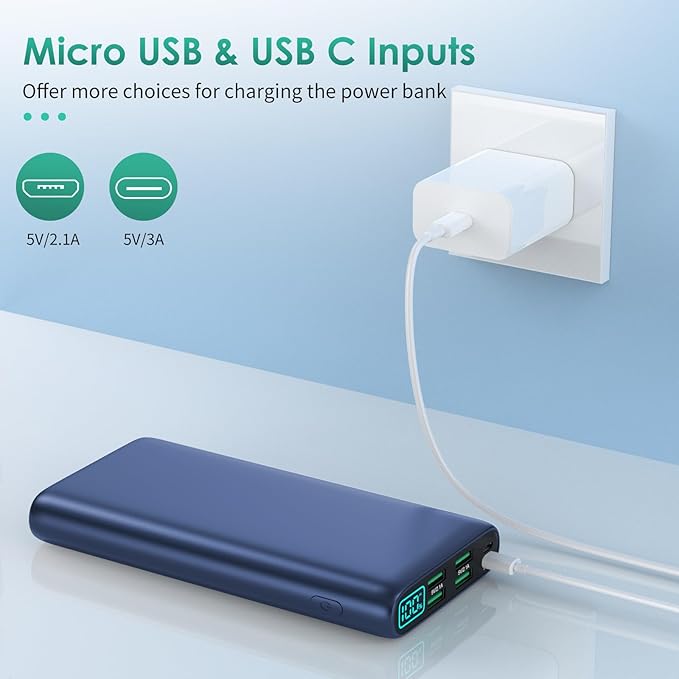 Portable Charger 38800mAh,LCD Display Power Bank,5 USB Outputs Battery Pack Backup,USB-C inout Dual Input Phone Charging Compatible with iPhone 16151413 Pro,Android Samsung Galaxy Pixel Nexus-Blue