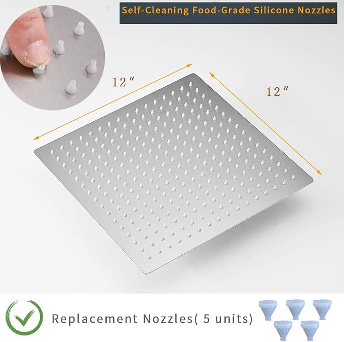 12 Inch Rain Shower Head, 12" Square Rainfall & High Pressure Stainless Steel Bath Shower Head, 1/16" Ultra Thin, Waterfall Full Body Coverage with Silicone Nozzle, Non Fingerprint Brushed Finish