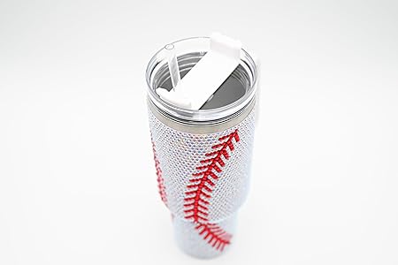 40 Oz Rhinestone Bling Tumbler Cup with Handle and Straw (BASEBALL), Stainless Steel and Double Wall Insulated
