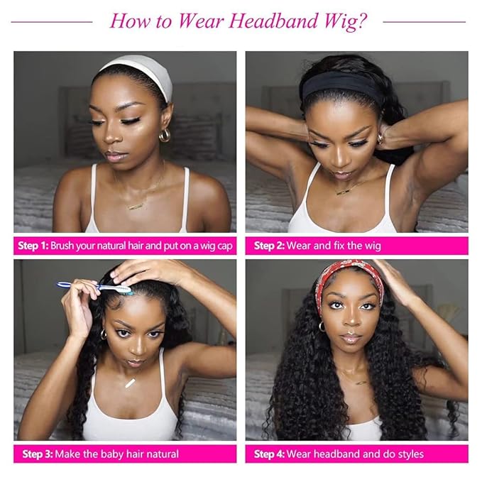 Deep Wave Headband Wig Human Hair 12 Inch Curly Headband Wigs for Black Women Human Hair Glueless None Lace Front Wigs Brazilian Virgin Hair Wig Machine Made 150 Density Natural Black Color