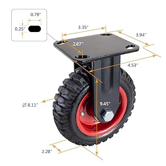 POWERTEC 8 Inch Caster Wheels, Heavy Duty Fixed Plate Casters with Rubber Knobby Tread for Workbench, Dolly, Cart, Trolley, Wagon and Chicken Coop, Large Rubber Castor Wheels, 1PK (17053V)