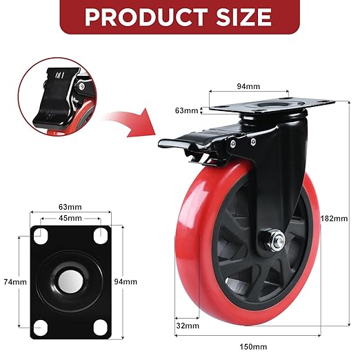 Caster Wheel, Heavy Duty 6 Inch Caster, Locking Swivel Caster Wheel for Cart, Furniture and Workbench, Red