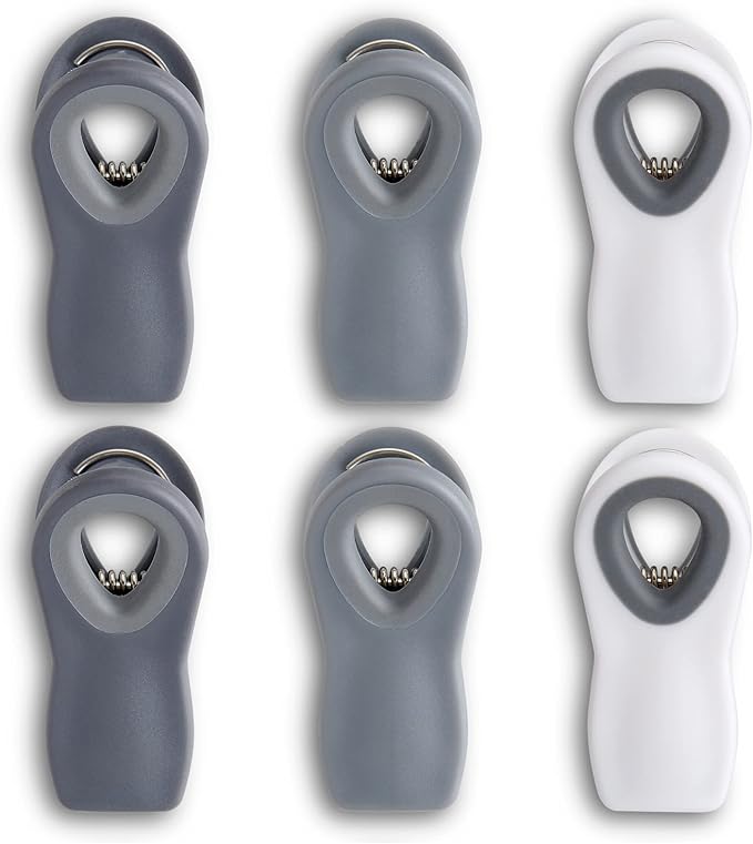 HIC Kitchen Multi-Purpose Magnetic Clips, Soft-Grip Handles, Set of 6 Clips, 2 Each White, Grey, and Charcoal