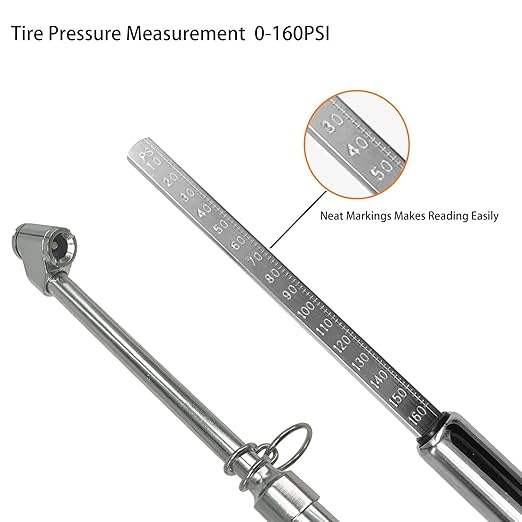 Truck Tire Pressure Gauge, Straight-on Foot Dual Head Chucks Stainless Steel, Heavy Duty Air Pressure Tire Gauge for Auto Trucks Cars RVs Vans Gage