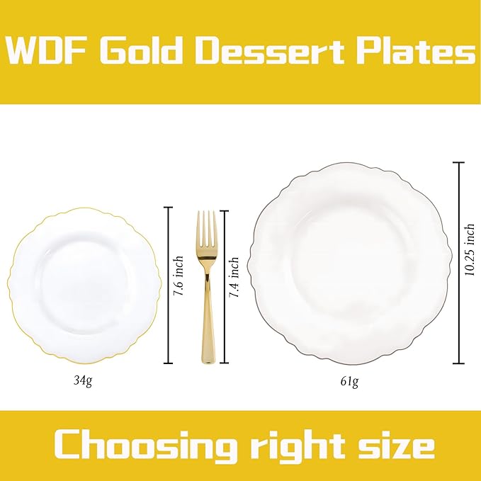 WDF 60pcs Gold Dessert Plates-7.5inch Baroque Gold Plastic Plates/White And Gold Disposable Dessert/Salad Plastic Plates for Upscale Parties &Wedding
