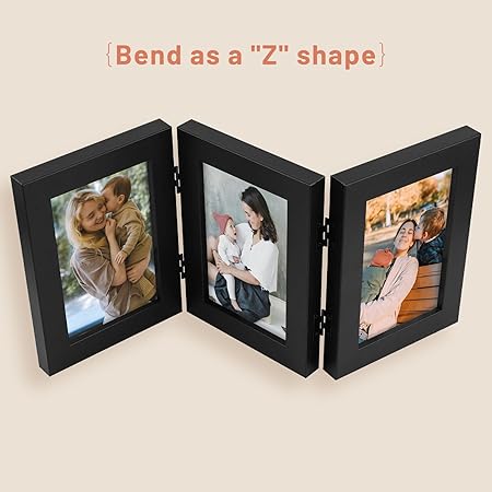 Golden State Art, 4x6 Three Picture Frame Trifold Hinged Photo Frame with 3 Openings, Desk Top Family Picture Collage, with Real Glass (4x6 Triple, Black, 1-Pack)