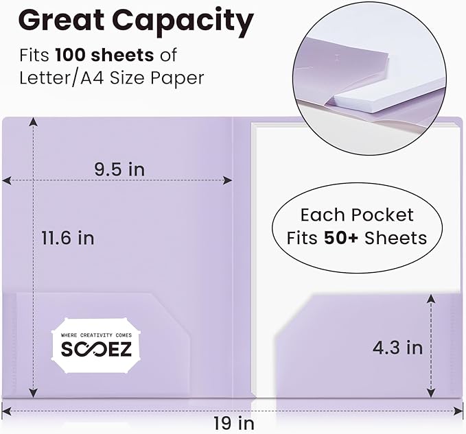 Soooez 6Pack Folders with Pockets, Pastel Colors, Heavy Duty Pocket Folders, Plastic Folders with Pockets, 2 Pocket Folders Bulk, Aesthetic File Folders, Back to School Office Filing Supplies