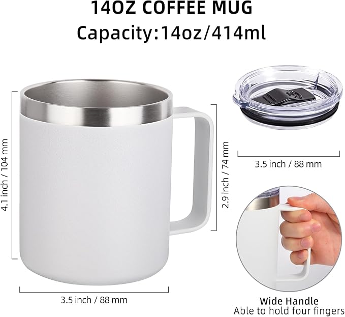 Volhoply 14oz Insulated Stainless Steel Coffee Mug with Leakproof Lid,Double Wall Vacuum Travel Coffee Cup with Handle,Reusable Metal Cups Tumbler,Camping Mugs Keep HotCold,Ideal Gifts(White,1)