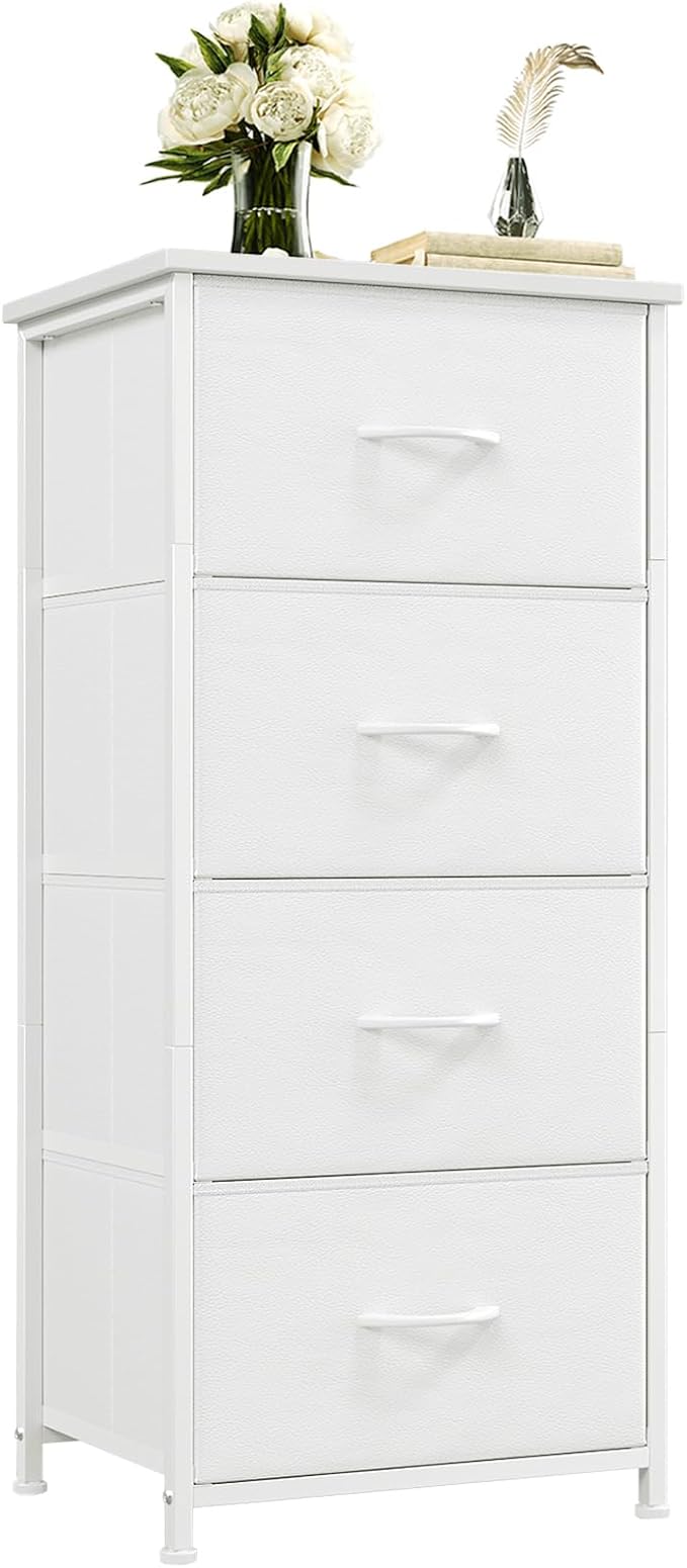 Somdot Tall Dresser for Bedroom with 4 Drawers, Storage Organizer Chest of Drawers with Removable Fabric Bins for Living Room Closet Bedside Nursery Laundry Entryway Hallway, White Leather