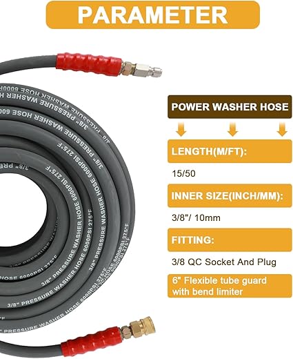 OCPTY Hot Water Pressure Washer Hose 38" x 100ft 6000 psi Non-Marking 2-Braid R2 Gray