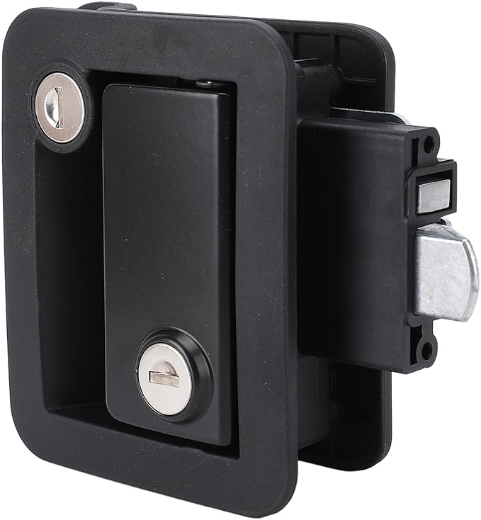 RV Door Lock, Enhanced Security for Motor Home Travel Trailer, Zinc Alloy with Switch, and Wearproof, Black Design, Dual Lock with Matching Keys, Dust Protection Foam, Screw