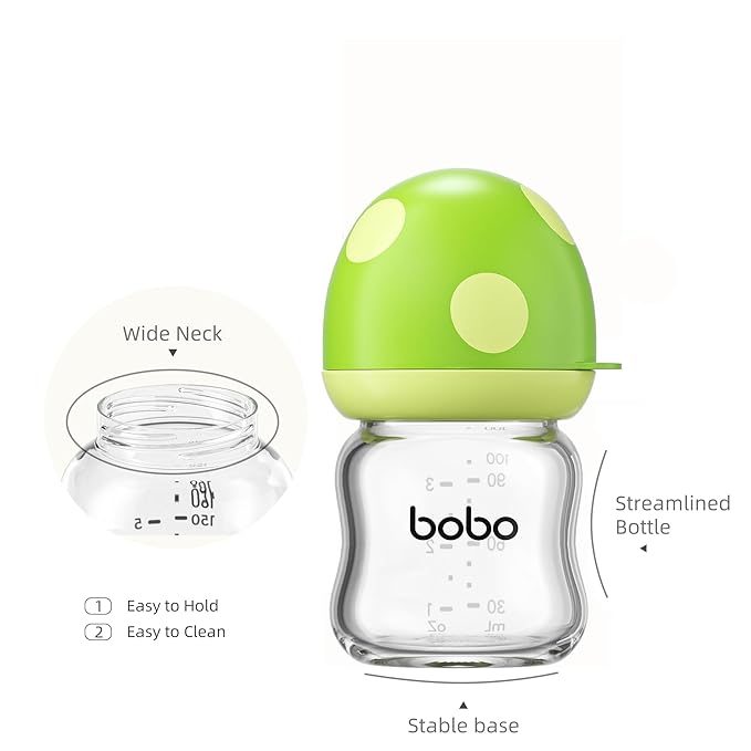 YOHKOH Natural Glass Baby Bottle with Natural Response Nipple, Newborn Anti-Colic Baby Bottles, Wide Neck Mushroom Cap Baby Bottle, Clear (Green, 3.4oz (Pack of 2))