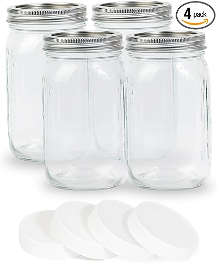 4 Pack 32 oz Clear Wide Mouth Mason Jars with Airtight Lids and White Plastic Lids, Canning Jars